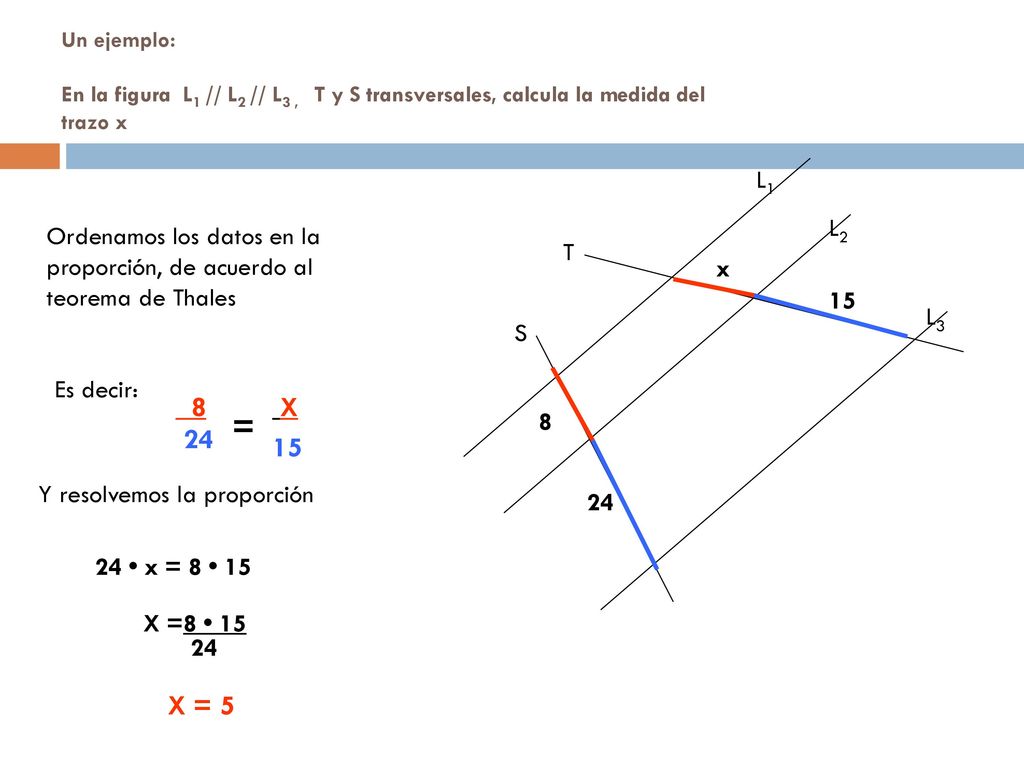 Un ejemplo: En la figura L1 // L2 // L3 , T y S transversales, calcula la medida del trazo x