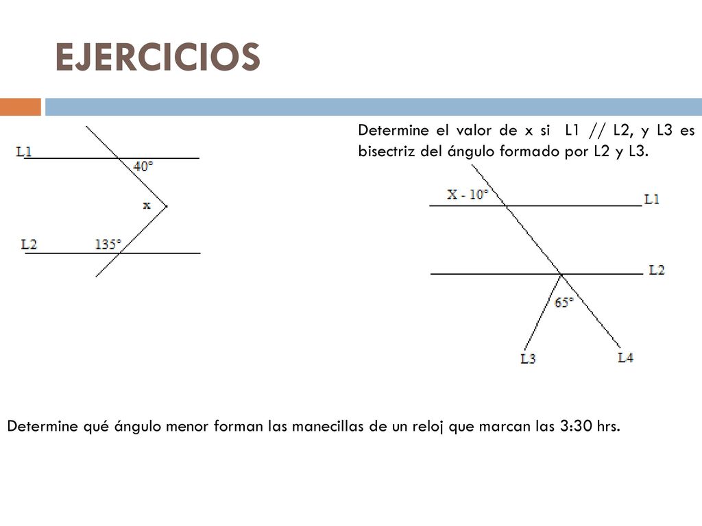 EJERCICIOS Determine el valor de x si L1 // L2, y L3 es bisectriz del ángulo formado por L2 y L3.