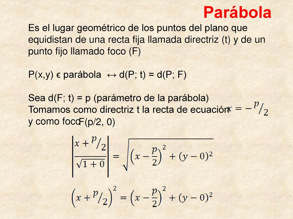 Parábola Es el lugar geométrico de los puntos del plano que equidistan de una recta fija llamada directriz (t) y de un punto fijo llamado foco (F)