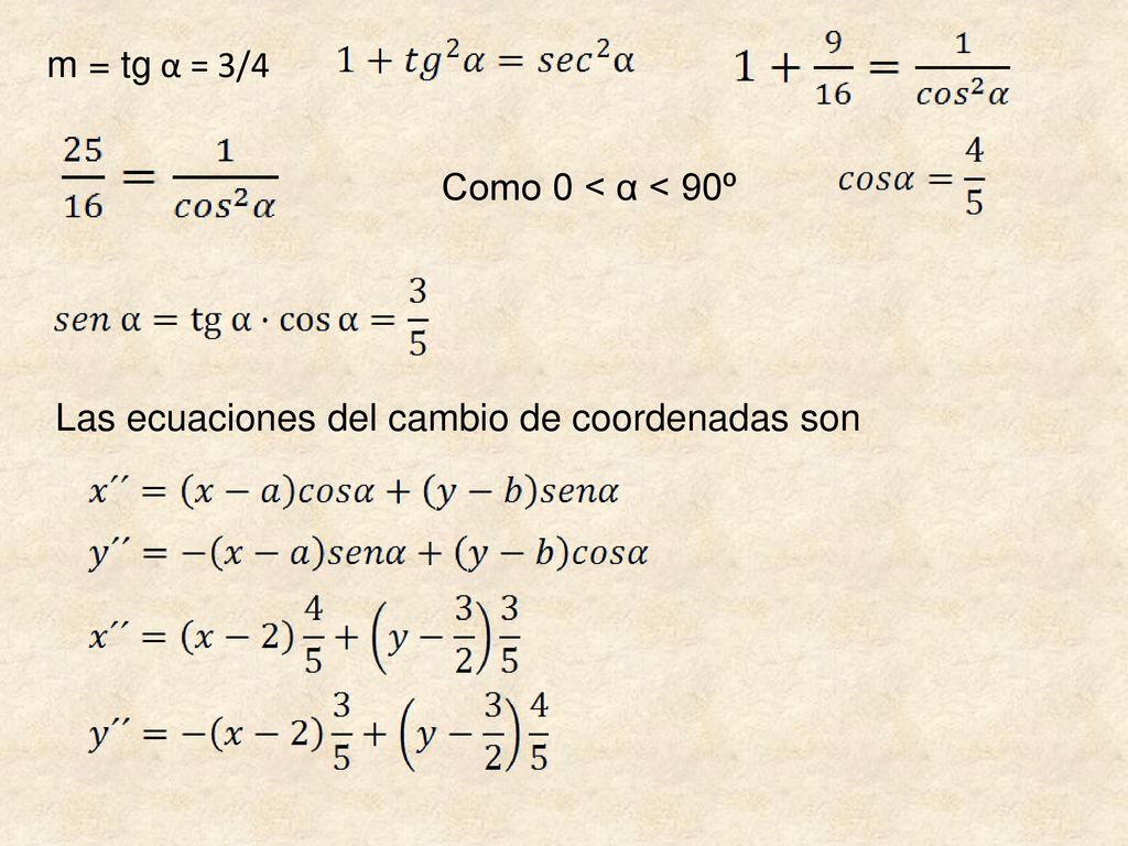 m = tg α = 3/4 Como 0 < α < 90º Las ecuaciones del cambio de coordenadas son