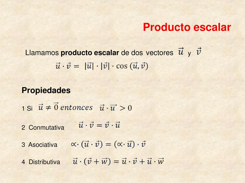 Propiedades Producto escalar Llamamos producto escalar de dos vectores