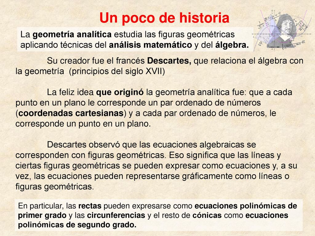 Un poco de historia La geometría analítica estudia las figuras geométricas aplicando técnicas del análisis matemático y del álgebra.