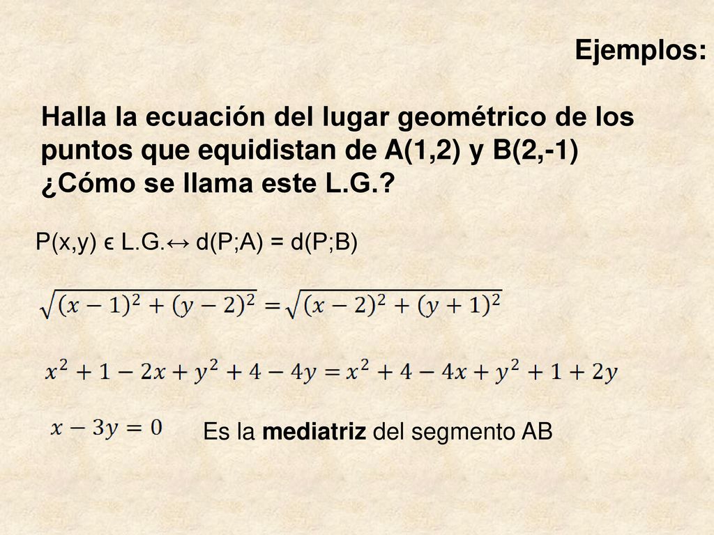 Ejemplos: Halla la ecuación del lugar geométrico de los puntos que equidistan de A(1,2) y B(2,-1) ¿Cómo se llama este L.G.