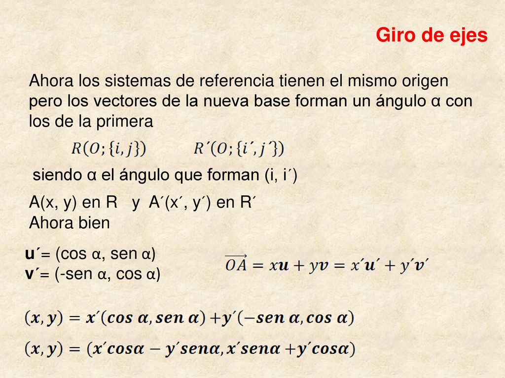 Giro de ejes Ahora los sistemas de referencia tienen el mismo origen pero los vectores de la nueva base forman un ángulo α con los de la primera.