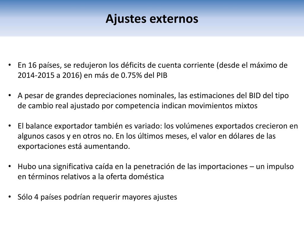 Ajustes externos En 16 países, se redujeron los déficits de cuenta corriente (desde el máximo de a 2016) en más de 0.75% del PIB.