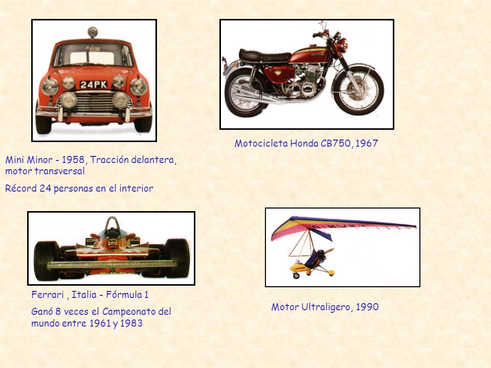Motocicleta Honda CB750, 1967 Mini Minor , Tracción delantera, motor transversal. Récord 24 personas en el interior.