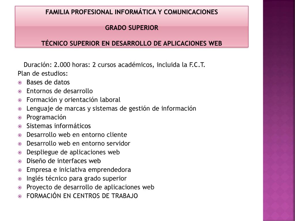 Familia Profesional Informática y Comunicaciones Grado Superior Técnico Superior en Desarrollo de Aplicaciones Web