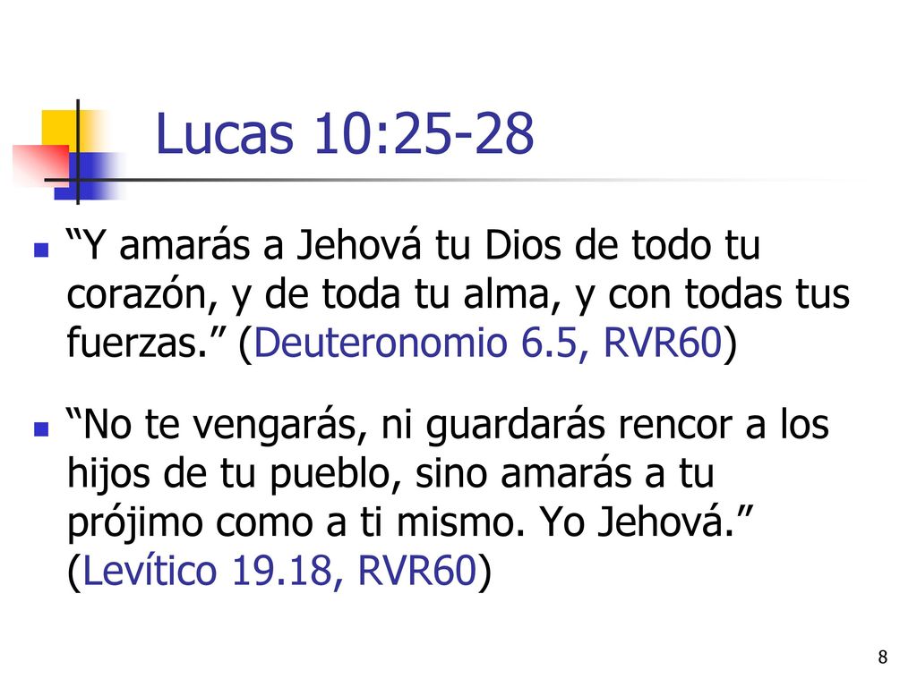 Lucas 10:25-28 Y amarás a Jehová tu Dios de todo tu corazón, y de toda tu alma, y con todas tus fuerzas. (Deuteronomio 6.5, RVR60)