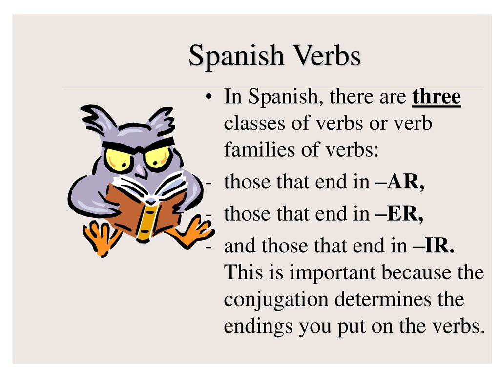 Spanish Verbs In Spanish, there are three classes of verbs or verb families of verbs: those that end in –AR,