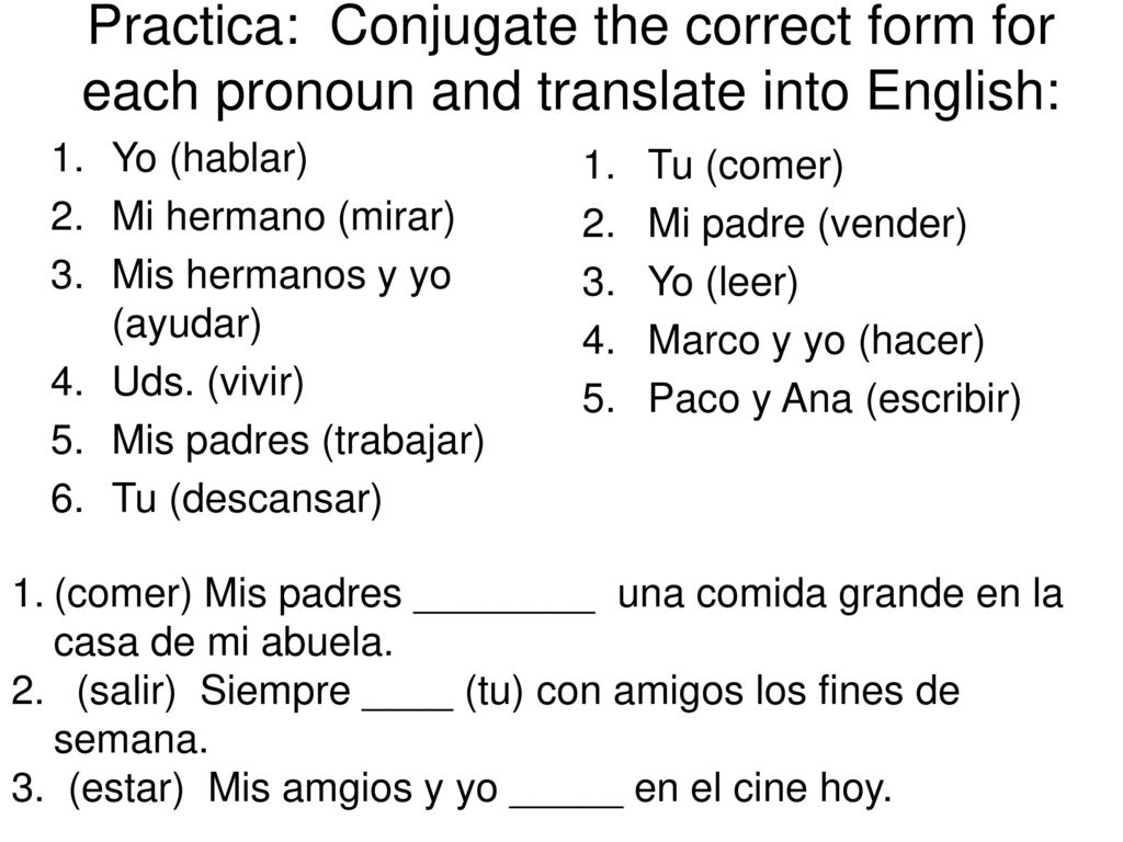 Practica: Conjugate the correct form for each pronoun and translate into English: