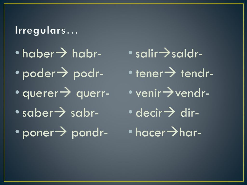 haber habr- poder podr- querer querr- saber sabr- poner pondr-