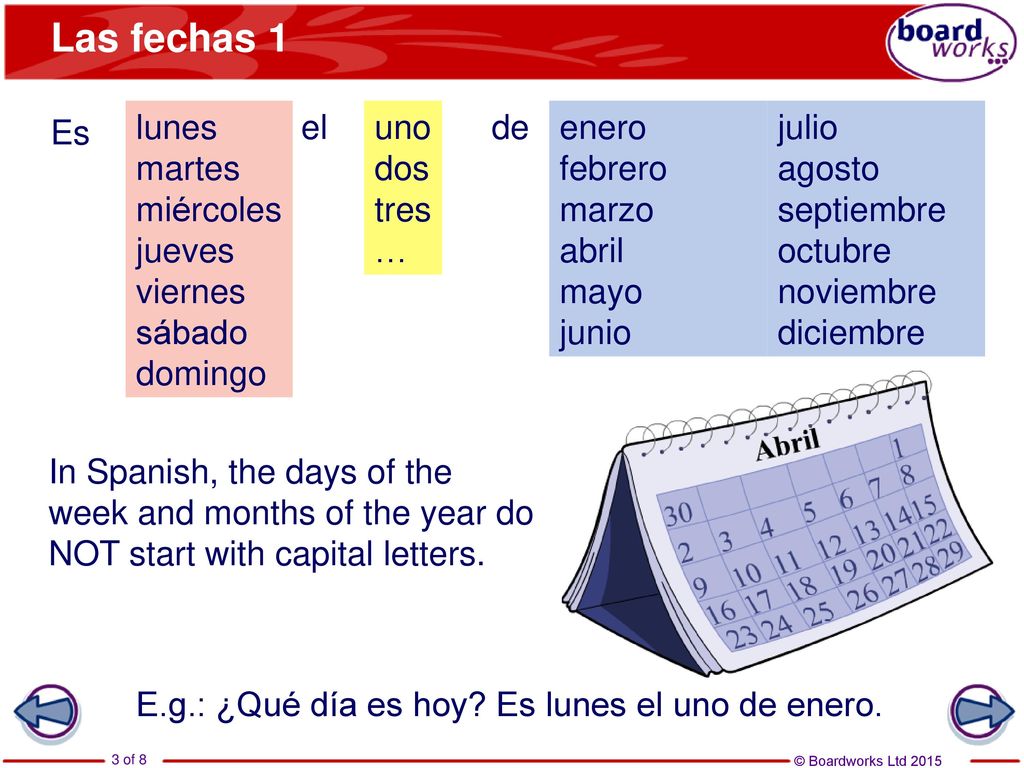 Las fechas 1 Es lunes martes miércoles jueves viernes sábado domingo