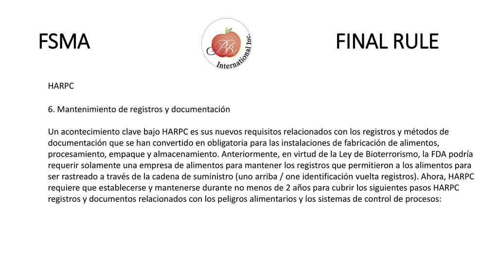 FSMA FINAL RULE HARPC 6. Mantenimiento de registros y documentación