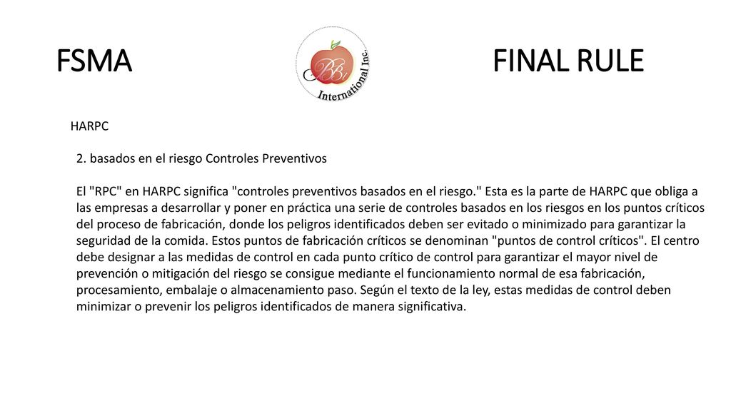 FSMA FINAL RULE HARPC 2. basados ​​en el riesgo Controles Preventivos