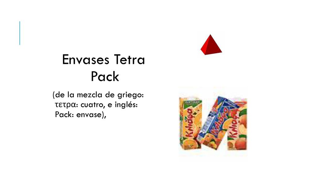 Envases Tetra Pack (de la mezcla de griego: τετρα: cuatro, e inglés: Pack: envase),