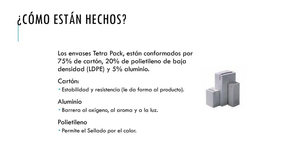 ¿Cómo están hechos Los envases Tetra Pack, están conformados por 75% de cartón, 20% de polietileno de baja densidad (LDPE) y 5% aluminio.