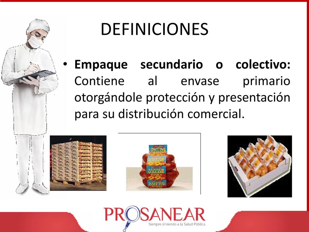 DEFINICIONES Empaque secundario o colectivo: Contiene al envase primario otorgándole protección y presentación para su distribución comercial.