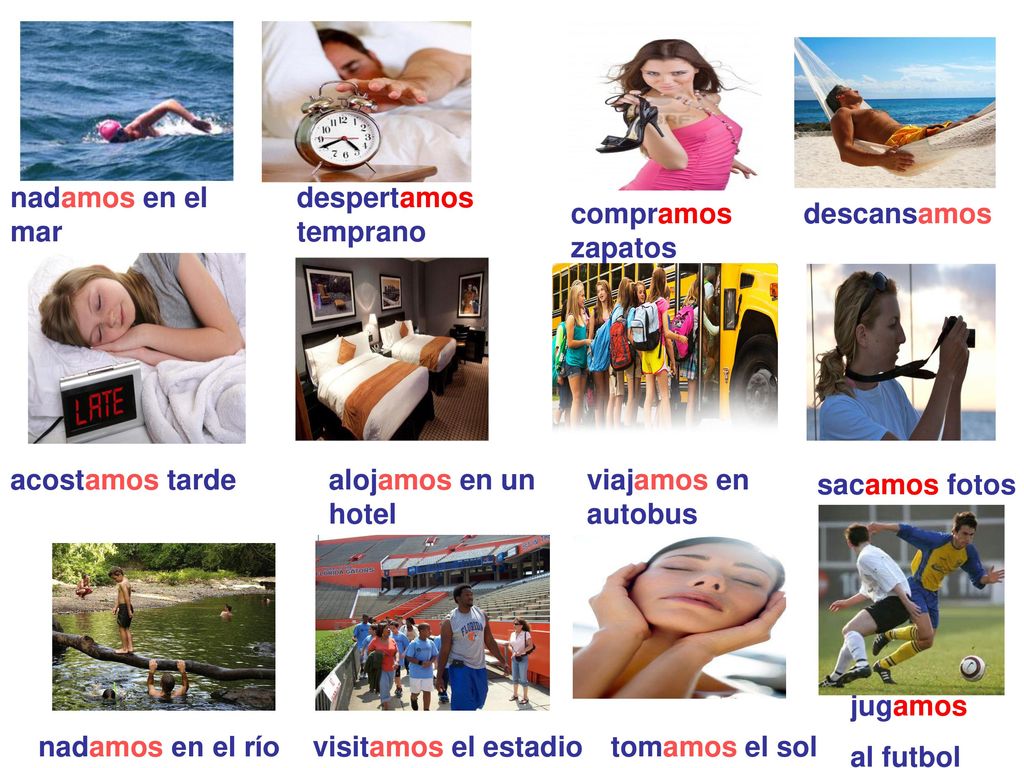 nadamos en el mar despertamos temprano. compramos zapatos. descansamos. acostamos tarde. alojamos en un hotel.