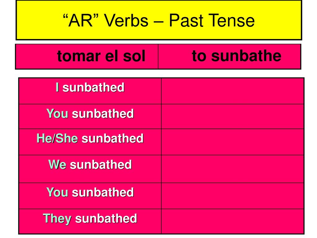AR Verbs – Past Tense tomar el sol to sunbathe I sunbathed