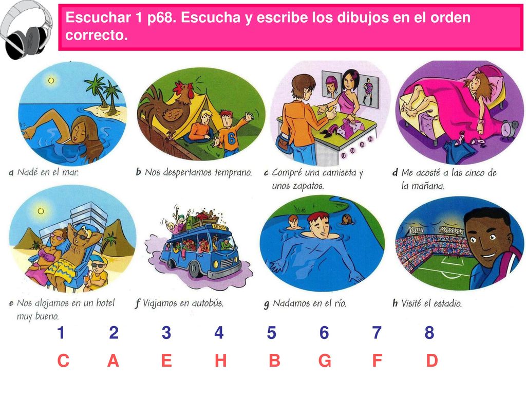 Escuchar 1 p68. Escucha y escribe los dibujos en el orden