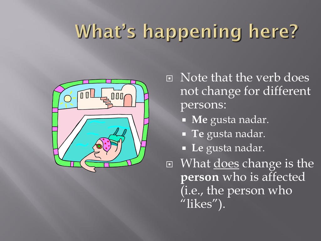 What’s happening here Note that the verb does not change for different persons: Me gusta nadar. Te gusta nadar.