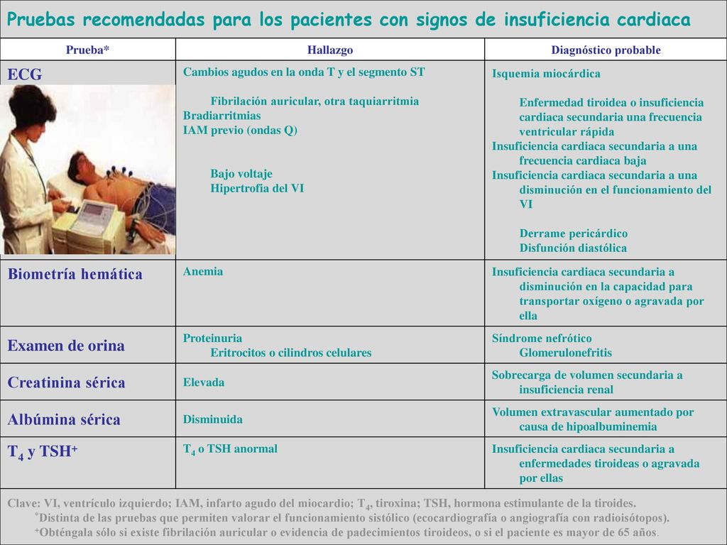 Pruebas recomendadas para los pacientes con signos de insuficiencia cardiaca