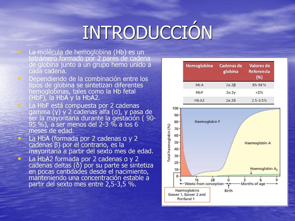 INTRODUCCIÓN La molécula de hemoglobina (Hb) es un tetrámero formado por 2 pares de cadena de globina junto a un grupo hemo unido a cada cadena.