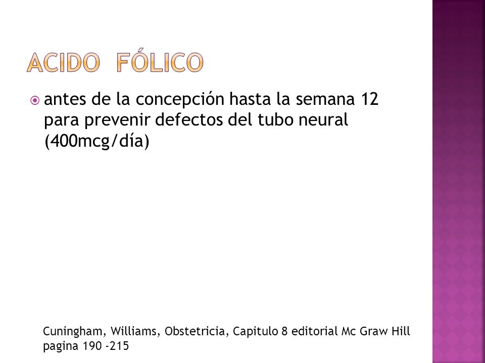 Acido fólico antes de la concepción hasta la semana 12 para prevenir defectos del tubo neural (400mcg/día)
