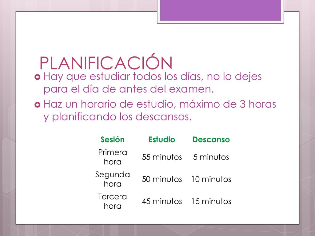 PLANIFICACIÓN Hay que estudiar todos los días, no lo dejes para el día de antes del examen.