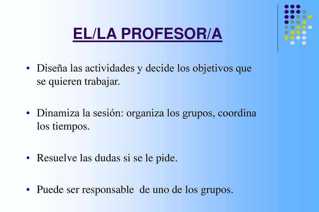 EL/LA PROFESOR/A Diseña las actividades y decide los objetivos que se quieren trabajar.
