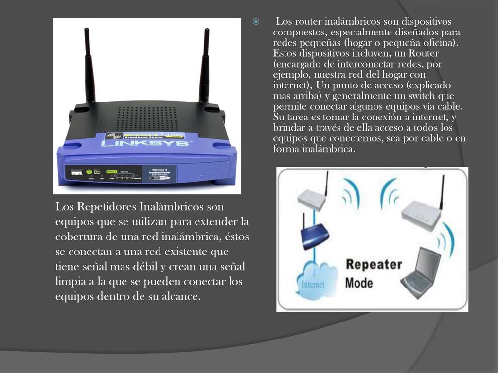 Los router inalámbricos son dispositivos compuestos, especialmente diseñados para redes pequeñas (hogar o pequeña oficina). Estos dispositivos incluyen, un Router (encargado de interconectar redes, por ejemplo, nuestra red del hogar con internet), Un punto de acceso (explicado mas arriba) y generalmente un switch que permite conectar algunos equipos vía cable. Su tarea es tomar la conexión a internet, y brindar a través de ella acceso a todos los equipos que conectemos, sea por cable o en forma inalámbrica.