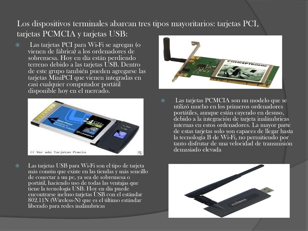 Los dispositivos terminales abarcan tres tipos mayoritarios: tarjetas PCI, tarjetas PCMCIA y tarjetas USB: