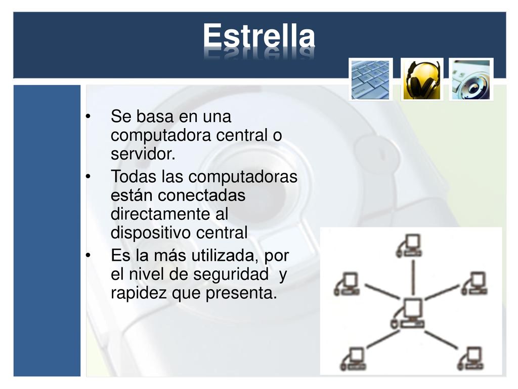 Estrella Se basa en una computadora central o servidor.