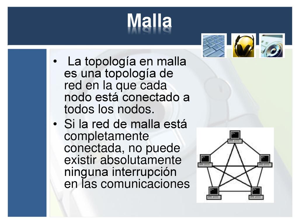 Malla La topología en malla es una topología de red en la que cada nodo está conectado a todos los nodos.