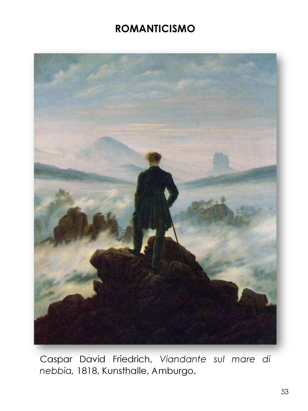 ROMANTICISMO. Caspar David Friedrich, Viandante sul mare di nebbia, 1818, Kunsthalle, Amburgo.