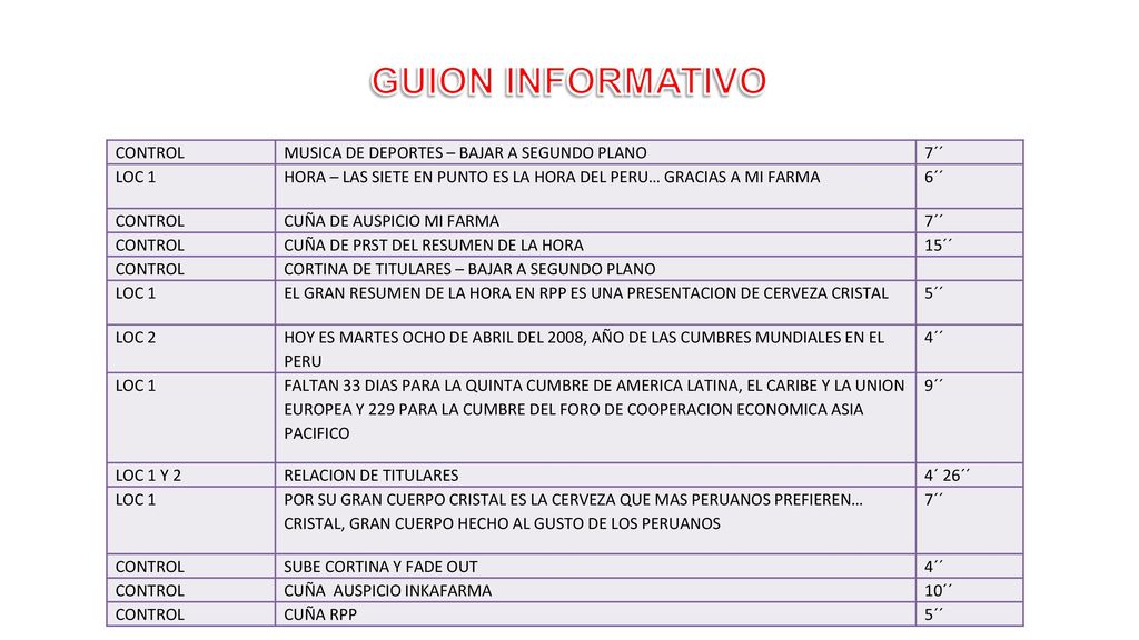 GUION INFORMATIVO CONTROL MUSICA DE DEPORTES – BAJAR A SEGUNDO PLANO