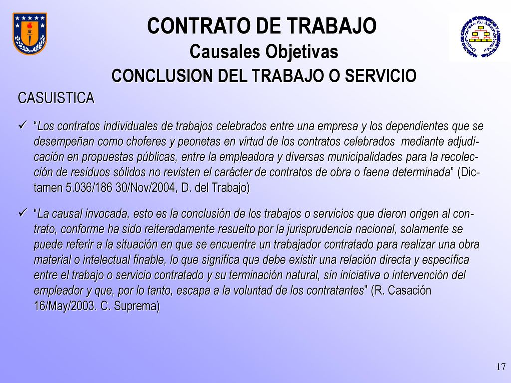 CONTRATO DE TRABAJO Causales Objetivas CONCLUSION DEL TRABAJO O SERVICIO