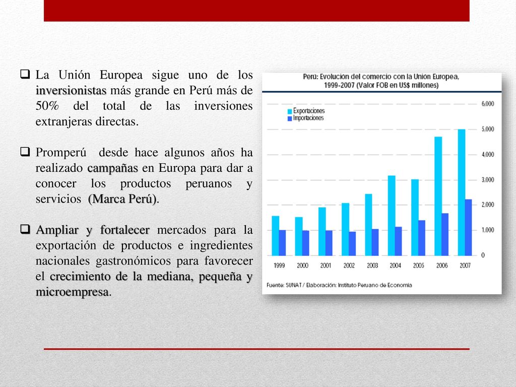 La Unión Europea sigue uno de los inversionistas más grande en Perú más de 50% del total de las inversiones extranjeras directas.