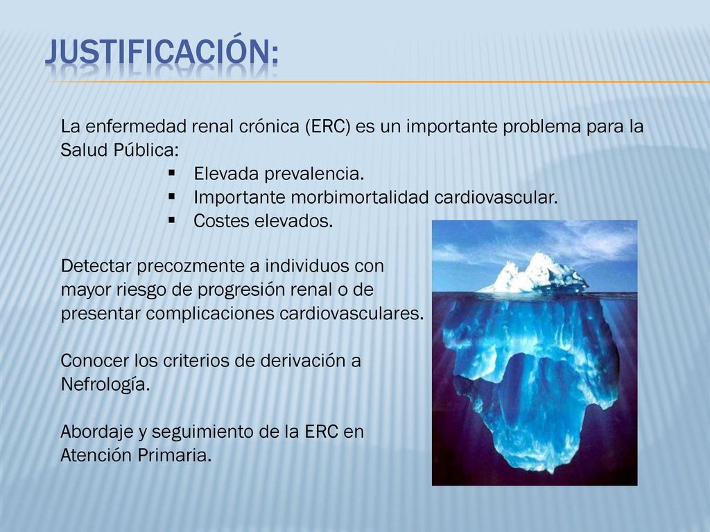 Justificación: La enfermedad renal crónica (ERC) es un importante problema para la Salud Pública: Elevada prevalencia.