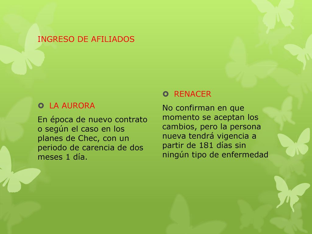 INGRESO DE AFILIADOS LA AURORA. En época de nuevo contrato o según el caso en los planes de Chec, con un periodo de carencia de dos meses 1 día.
