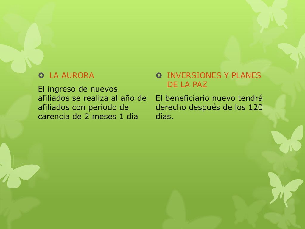 LA AURORA El ingreso de nuevos afiliados se realiza al año de afiliados con periodo de carencia de 2 meses 1 día.