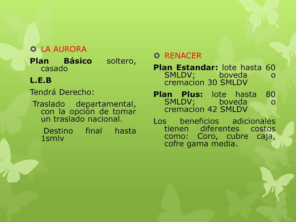 LA AURORA Plan Básico soltero, casado. L.E.B. Tendrá Derecho: Traslado departamental, con la opción de tomar un traslado nacional.