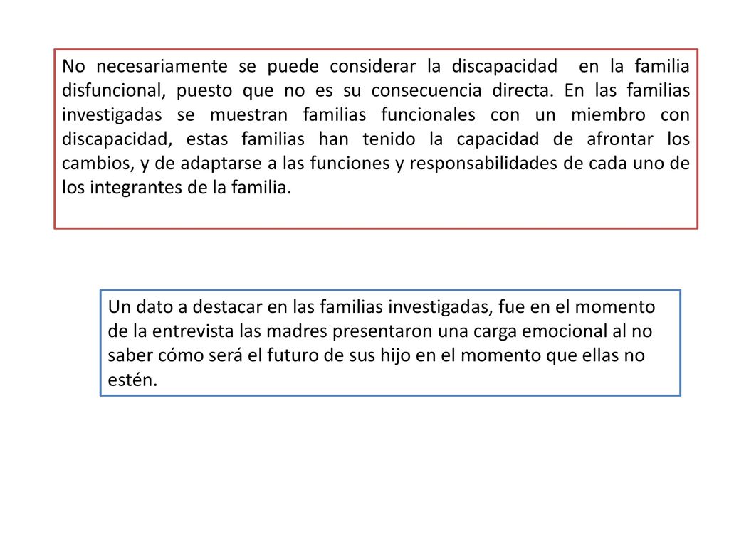 No necesariamente se puede considerar la discapacidad en la familia disfuncional, puesto que no es su consecuencia directa. En las familias investigadas se muestran familias funcionales con un miembro con discapacidad, estas familias han tenido la capacidad de afrontar los cambios, y de adaptarse a las funciones y responsabilidades de cada uno de los integrantes de la familia.