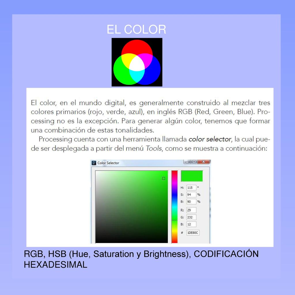 EL COLOR RGB, HSB (Hue, Saturation y Brightness), CODIFICACIÓN HEXADESIMAL