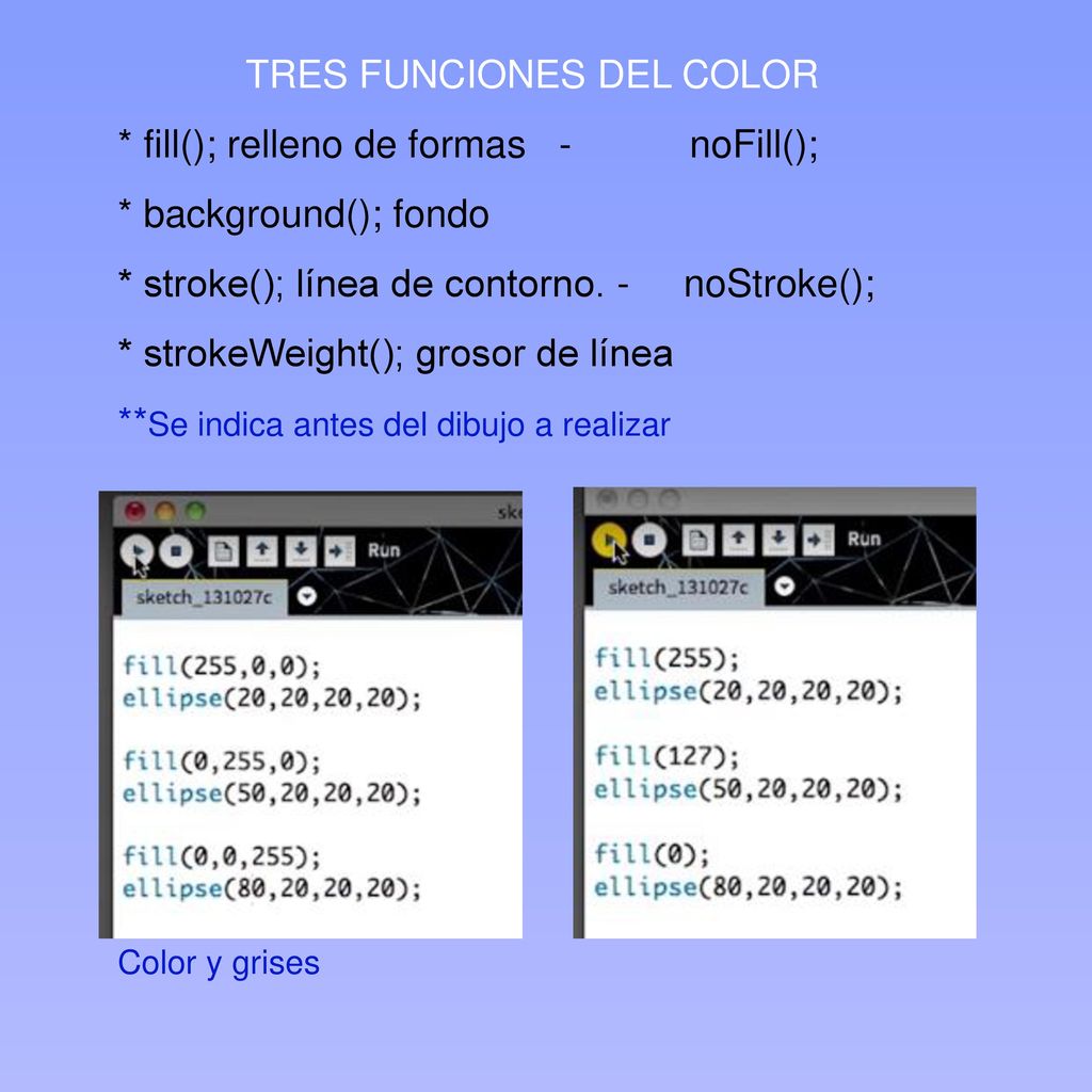 TRES FUNCIONES DEL COLOR * fill(); relleno de formas - noFill();