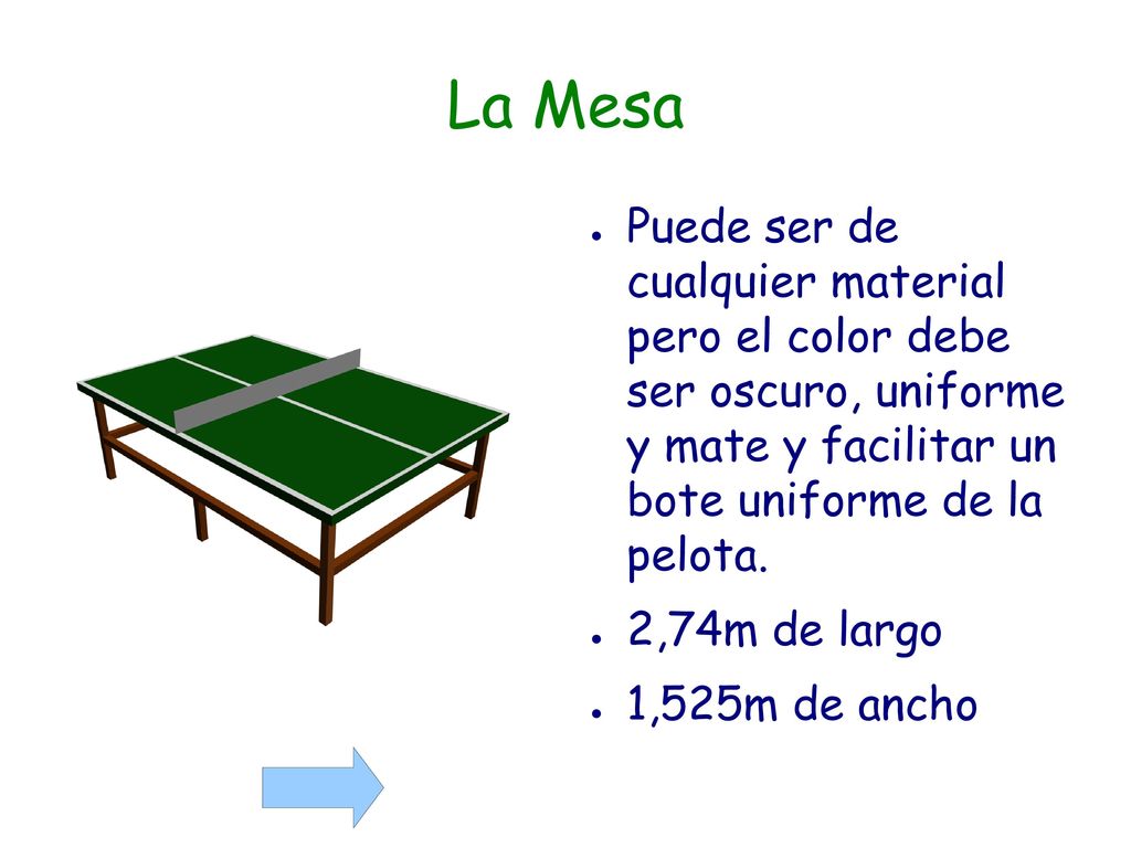 La Mesa Puede ser de cualquier material pero el color debe ser oscuro, uniforme y mate y facilitar un bote uniforme de la pelota.