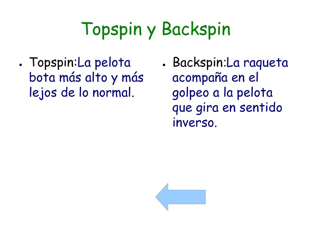 Topspin y Backspin Topspin:La pelota bota más alto y más lejos de lo normal.