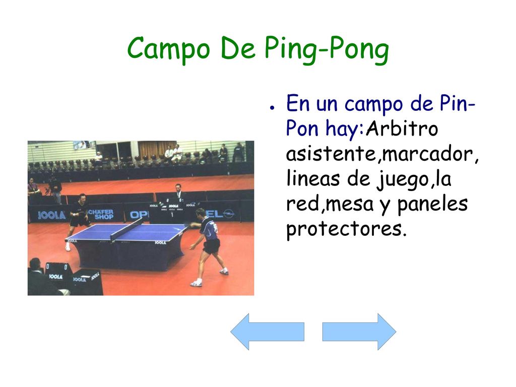 Campo De Ping-Pong En un campo de Pin- Pon hay:Arbitro asistente,marcador, lineas de juego,la red,mesa y paneles protectores.