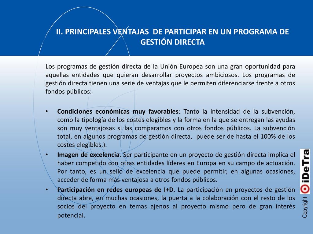 II. PRINCIPALES VENTAJAS DE PARTICIPAR EN UN PROGRAMA DE GESTIÓN DIRECTA