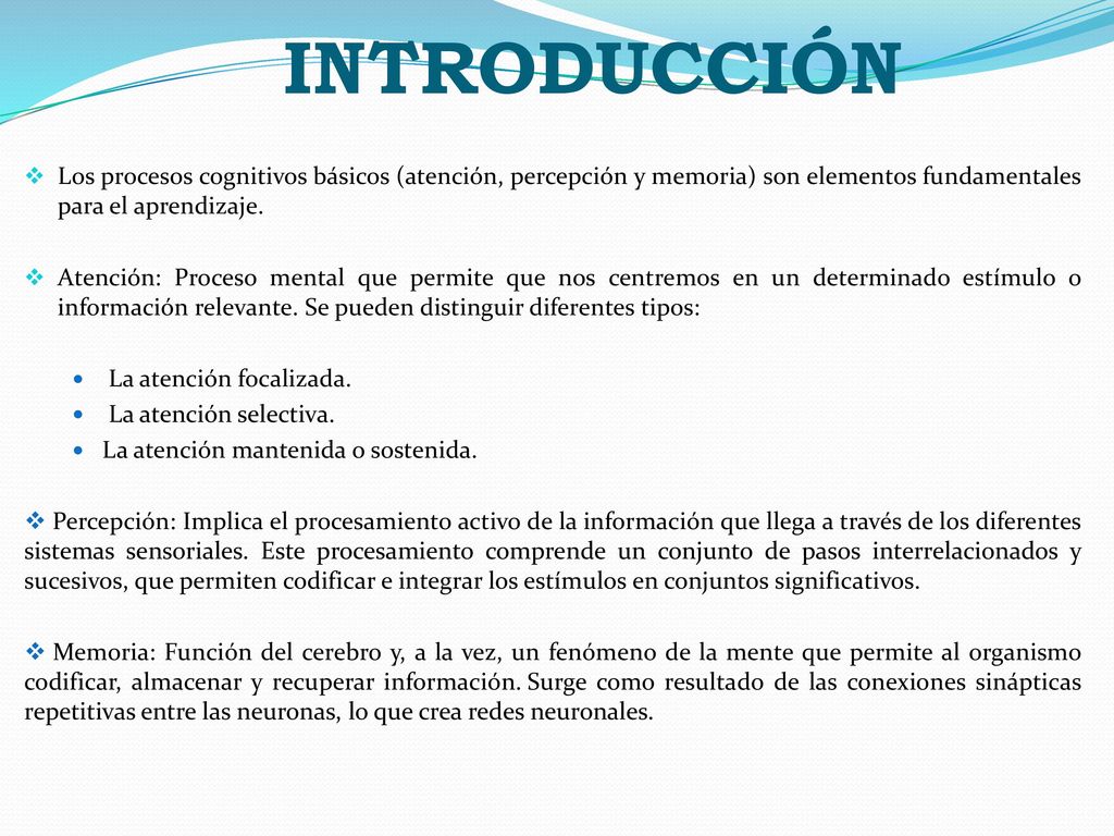 INTRODUCCIÓN Los procesos cognitivos básicos (atención, percepción y memoria) son elementos fundamentales para el aprendizaje.